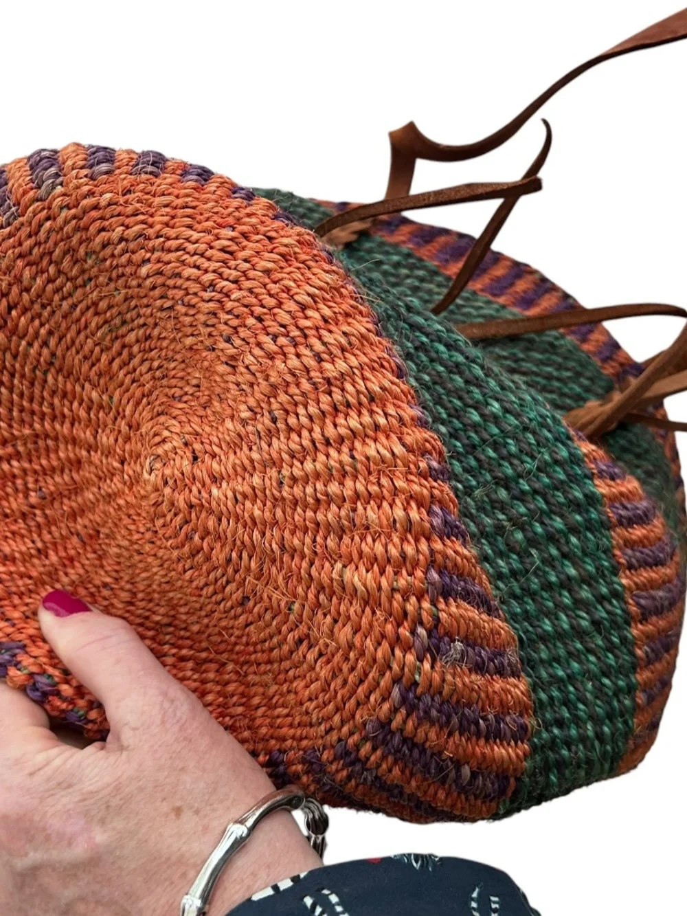 Kenyan Hand Made RICH colors purple green straw leather basket bag purse